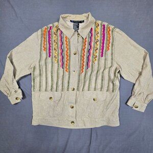 IB Diffusion Beige Embroidered Button-Up Jacket Size 12 Linen Blend Long Sleeve